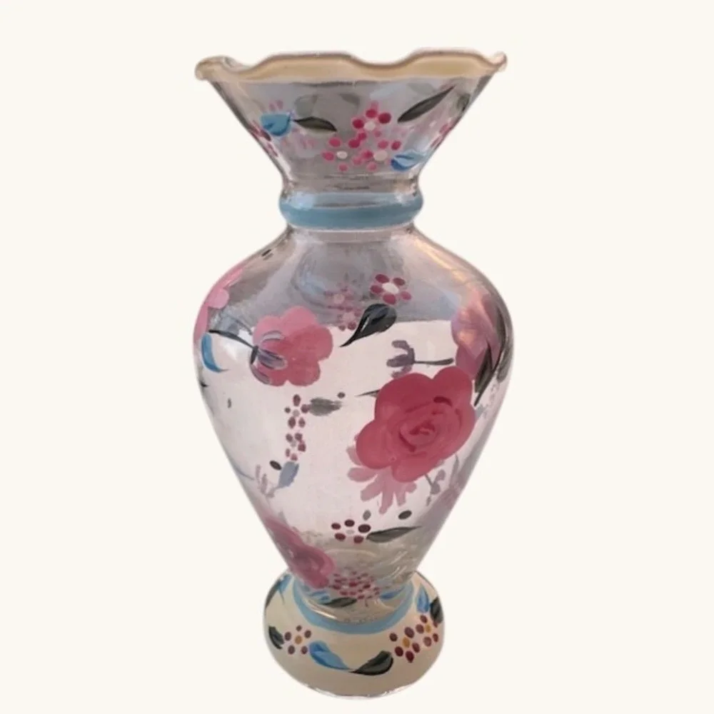 Pfaltzgraff Hand‎ Painted Floral Glass Vase Pink Rose Ruffled Rim Pedestal 7.5in